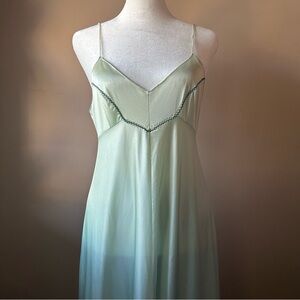Vintage 70s Pale Green Vassarette Chevron Striped Nightgown
